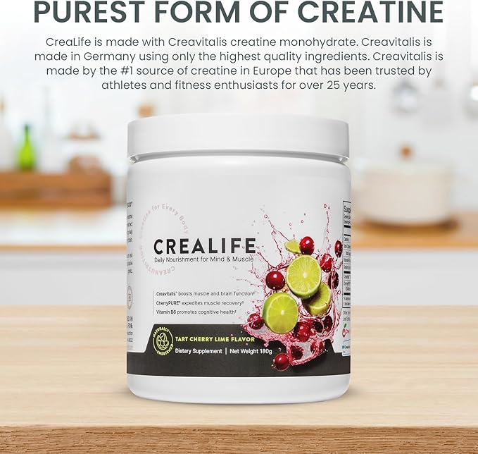 German Micronized Creatine + USA Tart Cherry + Vitamin B6 - Pre and Post Workout Supplement for Women & Men, Tart Cherry Lime Flavor, Caffeine-Free Nourishment for Body and Brain