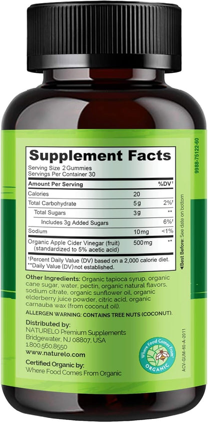 NATURELO Apple Cider Vinegar Gummies, Certified Organic, Vegan - 60 Gummies