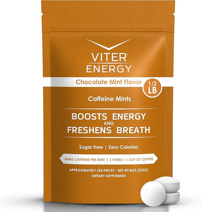 Viter Energy Caffeinated Mints 40mg Caffeine, B Vitamins, Sugar Free. (Chocolate Mint, 8oz, Bulk Bag)