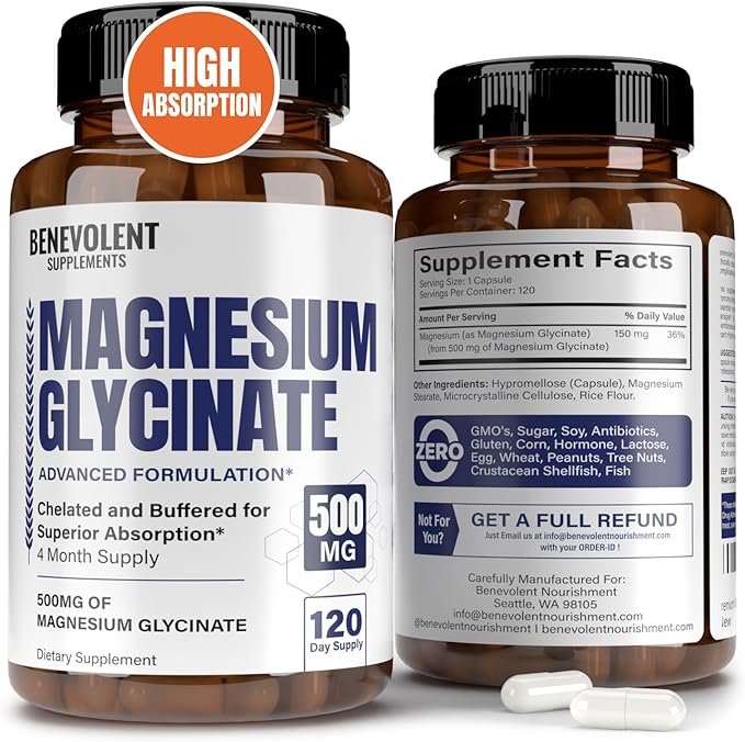 Premium Magnesium Glycinate 500mg Capsules High Absorption Formula Chelated Buffered Glycinate to Support Digestion, Bone, Sleep & Muscle Health - Made in USA - 120 Capsules