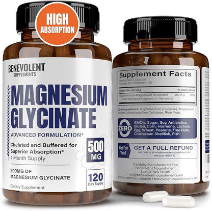 Premium Magnesium Glycinate 500mg Capsules High Absorption Formula Chelated Buffered Glycinate to Support Digestion, Bone, Sleep & Muscle Health - Made in USA - 120 Capsules