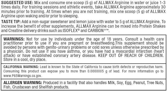 ALLMAX Essentials ARGININE HCL - 400 g - Precursor for Synthesis of Nitric Oxide - Vegan & Gluten Free - 200 Servings
