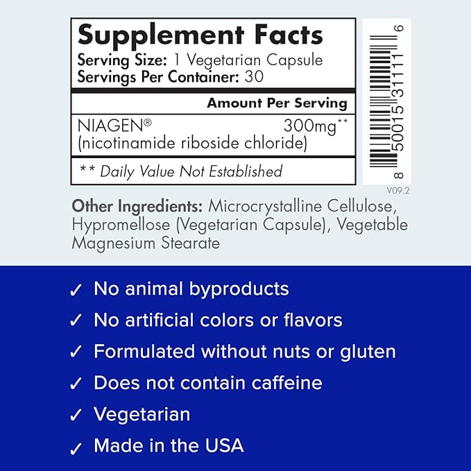 TRU NIAGEN Patented NAD+ Supplement for Anti Aging and Cell Regeneration, 300 mg Niagen, 30 Servings | Supports Cellular Energy, Brain, Muscle | Nicotinamide Riboside (NR) Take 1 Daily | 2 Bottles