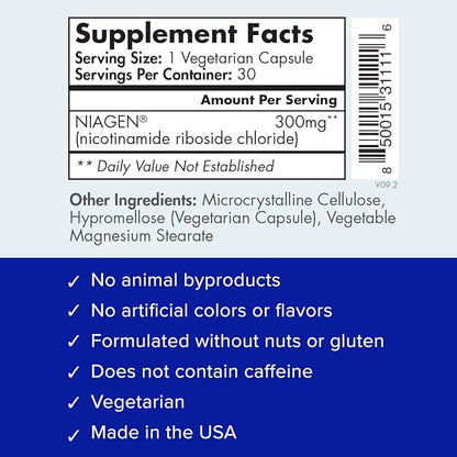 TRU NIAGEN Patented NAD+ Supplement for Anti Aging and Cell Regeneration, 300 mg Niagen, 30 Servings | Supports Cellular Energy, Brain, Muscle | Nicotinamide Riboside (NR) Take 1 Daily | 2 Bottles