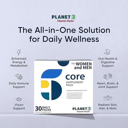 Planet 3 Vitamin Packs, Daily Vitamins for Immune, Energy, Heart & Vision Support | Multivitamins, Vitamin D, Probiotics, Omega 3, Methyl B12 | Core Supplements for Women and Men | 30 Daily Packs
