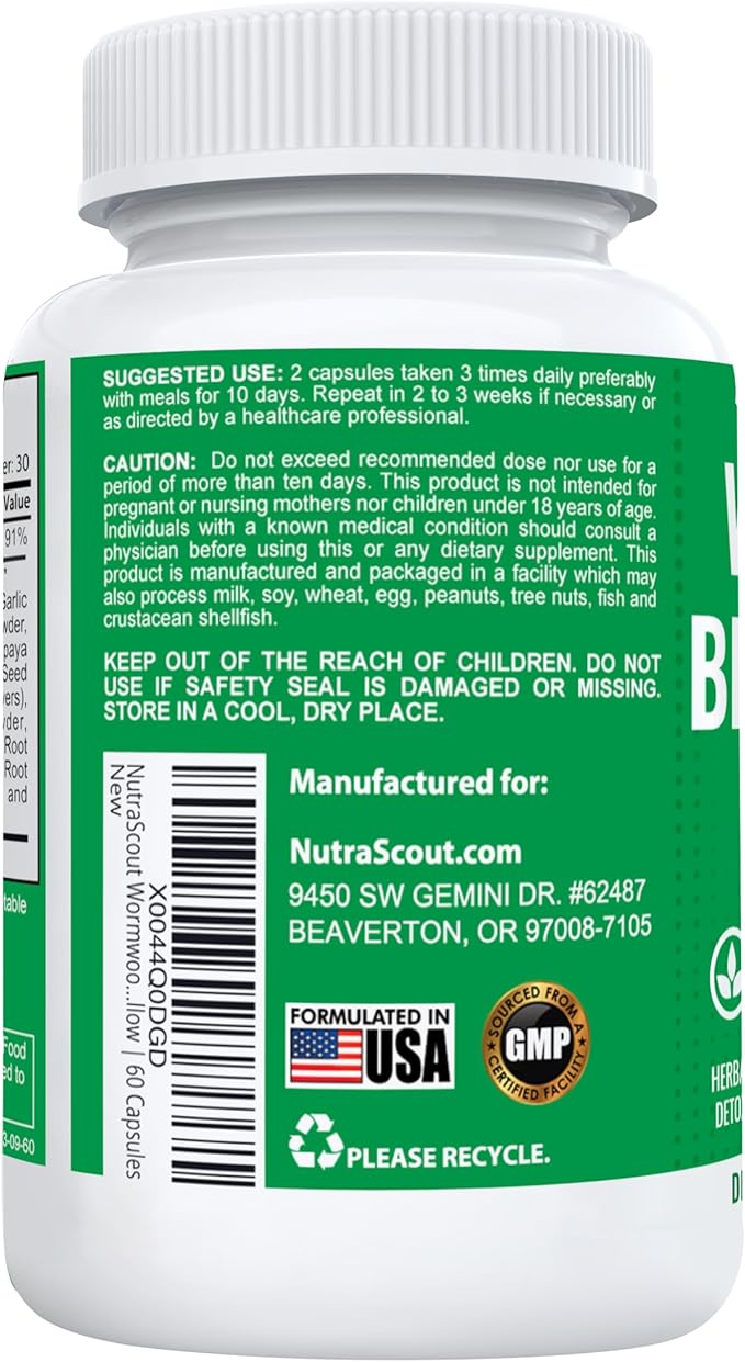Wormwood, Black Walnut & Clove Complex | Whole Body Detox Cleanse | Lab Tested, USA Made, Non-GMO, Easy to Swallow | 60 Capsules