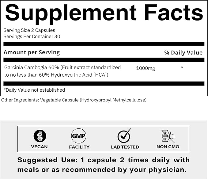 Pure Garcinia Cambogia Extract Supplement 500mg - 100% Natural HCA Extract Concentrated to 60% - Supports Healthy Digestion and Metabolism - 60 Capsules