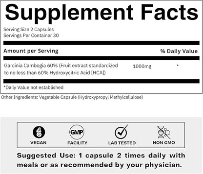 Pure Garcinia Cambogia Extract Supplement 500mg - 100% Natural HCA Extract Concentrated to 60% - Supports Healthy Digestion and Metabolism - 60 Capsules