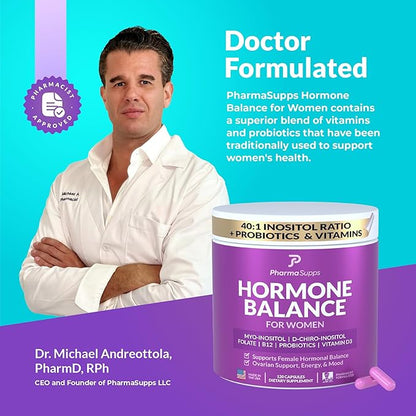 Hormone Balance for Women, Ovarian Support, Fertility, Menstrual Cycle, PCOS | Myo-Inositol & D-Chiro Inositol Supplement 40:1 Ratio w/Folic Acid for Hormonal Balance, B12 & Probiotics - 120 Count