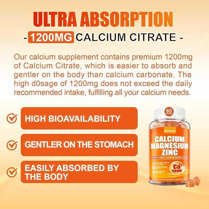 Calcium 1200 mg with Vitamin D3 Gummies for Adults - Calcium Citrate with Vitamin D3 K2, Magnesium, Zinc, Boron, Copper and Ashwagandha - Extra Absorption Calcium Supplement for B0ne, Muscle, Immune