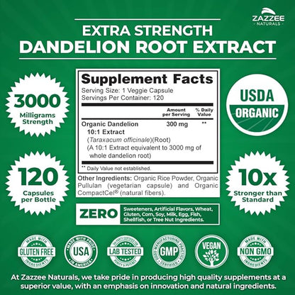 Zazzee USDA Organic Dandelion Root 10:1 Extract, 3000 mg Strength, 120 Capsules, 4 Month Supply, Standardized and Concentrated 10X Extract, 100% Vegetarian, All-Natural and Non-GMO