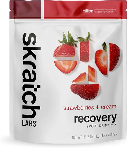 SKRATCH LABS Recovery- Sport Drink Mix | Complete Milk Protein with Carbs, Electrolytes, and Probiotics | Post Workout Powder | Strawberries + Cream