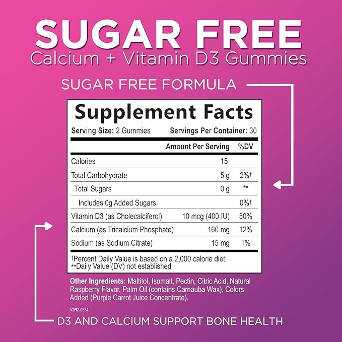 Sugar-Free Calcium Gummy Chews + 400 IU Vitamin D3, Calcium for Bone Health & Immune Support, Supports Teeth & Bone Strength, Chewable Calcium Supplements for Women & Men, Non-GMO - 60 Gummies