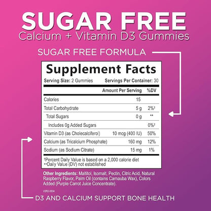 Sugar-Free Calcium Gummy Chews + 400 IU Vitamin D3, Calcium for Bone Health & Immune Support, Supports Teeth & Bone Strength, Chewable Calcium Supplements for Women & Men, Non-GMO - 60 Gummies