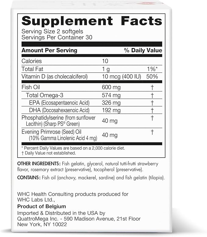 WHC, QuattrO3 & PS, Fish Oil Complex for Children (60 Softgels) - Omega-3 Triglycerides, Vitamin D3, GLA, Phosphatidylserine, Tutti-Frutti Strawberry