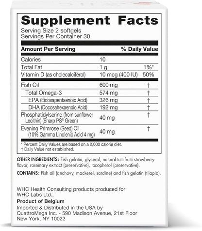 WHC, QuattrO3 & PS, Fish Oil Complex for Children (60 Softgels) - Omega-3 Triglycerides, Vitamin D3, GLA, Phosphatidylserine, Tutti-Frutti Strawberry