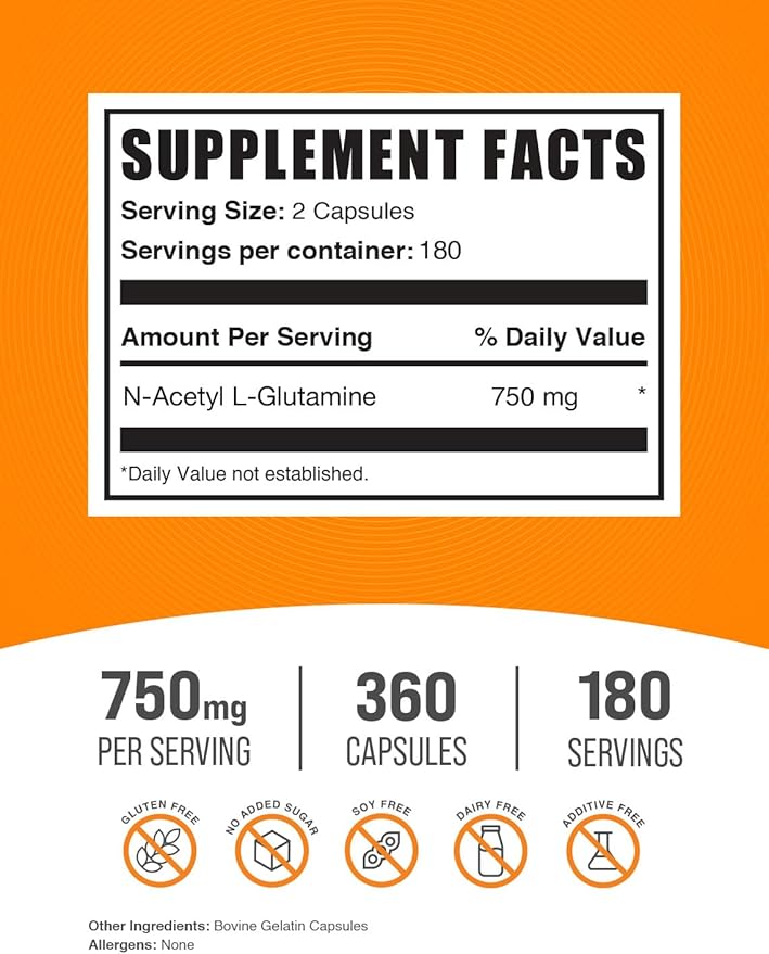 BulkSupplements.com N-Acetyl L-Glutamine Capsules - Glutamine Supplement, Glutamine 750mg - for Gut Health, Gluten Free, 2 Capsules per Serving, 360 Capsules (Pack of 1)