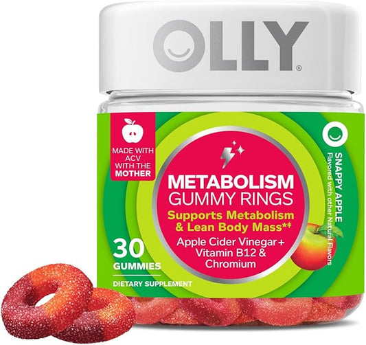 OLLY Metabolism Gummy Rings, Apple Cider Vinegar, Vitamin B12, Chromium, Energy and Digestive Health, Chewable Supplement, Apple Flavor - 30 Count