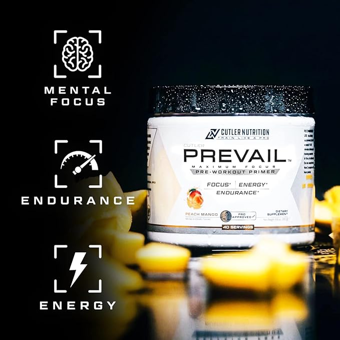 Prevail Pre Workout Powder with Nootropics: Pre Workout for Men and Women, Cutting Edge Energy and Focus Supplement with L Citrulline, Alpha GPC, L Tyrosine, Neurofactor | Peach Mango, 40 Servings