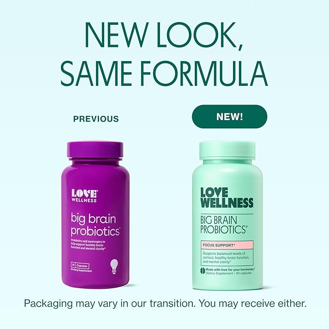 Love Wellness Big Brain Probiotics | Nootropics Brain Support Supplement | Brain Supplements for Memory and Focus | Promotes Mental Clarity & Mood | Organic Reishi, Chaga, & Lions Mane | 30 Count