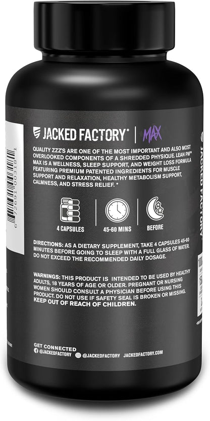 Jacked Factory Lean PM Max - High-Performance Weight Loss, Sleep Support, Fat Burner, & Appetite Suppressant for Men and Women w/Melatonin, Magnesium, Carnipure, & Ashwagandha - 120 Diet Pills