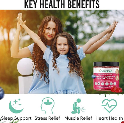 90 CT Magnesium Glycinate Gummies 400 mg/Serv - with Ashwagandha, Magnesium Malate & Taurate - Sugar Free Chews for Adults & Kids Relaxation, Stress Relief, Night Rest, Muscle & Cardio Support