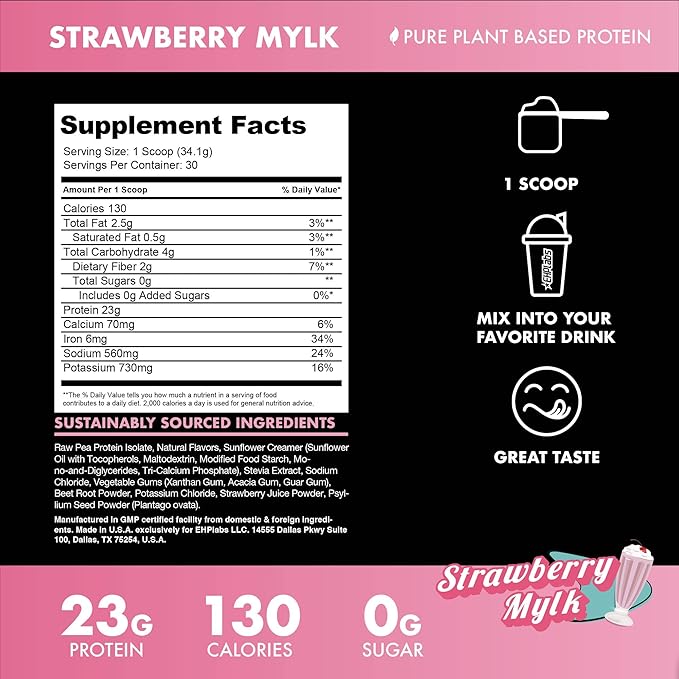 Blessed Vegan Protein Powder - Plant Based Protein Powder Meal Replacement Protein Shake, 23g of Pea Protein Powder, Dairy Free, Gluten Free, Soy Free, No Sugar Added, 30 Servings (Strawberry Mylk)