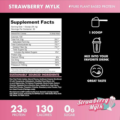 Blessed Vegan Protein Powder - Plant Based Protein Powder Meal Replacement Protein Shake, 23g of Pea Protein Powder, Dairy Free, Gluten Free, Soy Free, No Sugar Added, 30 Servings (Strawberry Mylk)