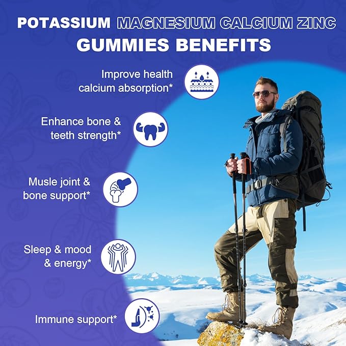 Potassium Magnesium Supplement Gummies,Magnesium Glycinate 500mg,Potassium Gluconate 99mg,Triple Magnesium Complex 1700mg,Calcium,Zinc,Vitamin D3 for Leg Cramps,Sleep,Immunity & Energy,120 Ct