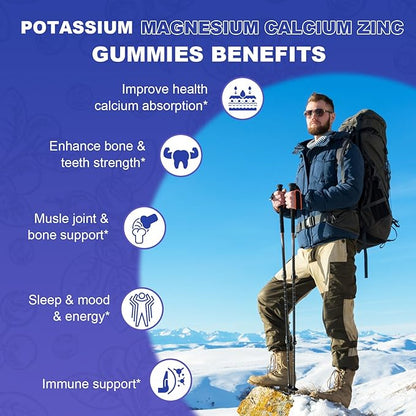 Potassium Magnesium Supplement Gummies,Magnesium Glycinate 500mg,Potassium Gluconate 99mg,Triple Magnesium Complex 1700mg,Calcium,Zinc,Vitamin D3 for Leg Cramps,Sleep,Immunity & Energy,120 Ct