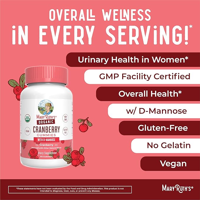 MaryRuth Organics Organic Cranberry Gummies | Cranberry Supplement | Urinary Tract Health for Women | with D Mannose | 500mg Cranberry | Traditional Use | USDA Organic | Vegan | Non GMO | 30 Servings