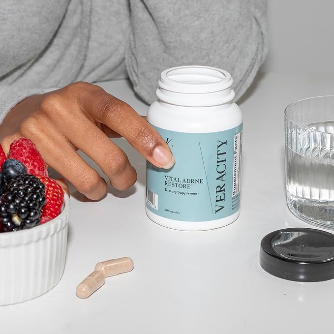 VERACITY Fatigue Ease Adrenal Support Supplement with Ashwagandha, Schisandra Berry & Rhodiola Rosea Supplement for Skin, Promotes Healthy Cortisol & Energy Levels, Restores Skin, Adaptogens - 60 Caps