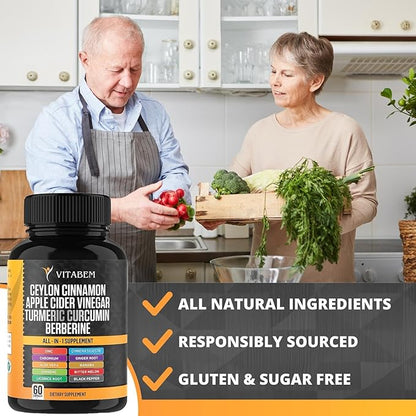 Ceylon Cinnamon Capsules 3000mg Turmeric 3000mg Apple Cider Vinegar 3000mg Ginseng 2000mg Aloe Vera 2000mg Berberine Supplement 1200mg + Banaba | Bitter Melon | Ginger Root - 60 Count (Pack of 2)