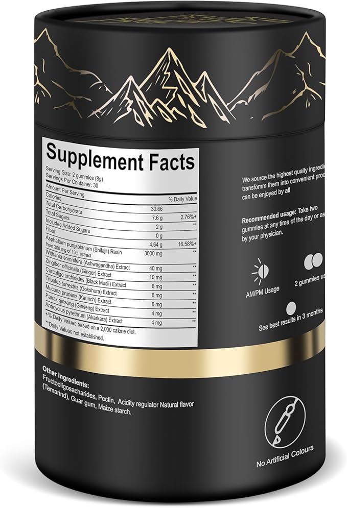 Himalayan Nutritious Shilajit Gummies Gold - Ashwagandha, Gokshura - Fulvic Acid - 85+ Trace Minerals - for Men Women - No Added Sugar - 60 Gummy(Shilajit Gummies 60Gummy)