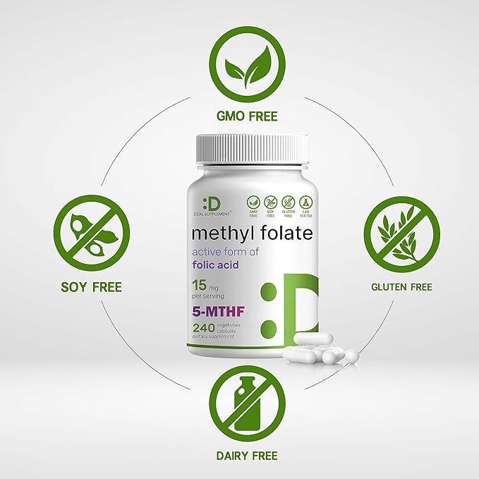 DEAL SUPPLEMENT L Methylfolate 15mg Per Serving, 240 Veggie Capsules – Active Folic Acid Form (5-MTHF), Bioavailable Methylated Folate – Prenatal, Energy, & Brain Support Supplement – Non-GMO