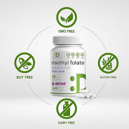 DEAL SUPPLEMENT L Methylfolate 15mg Per Serving, 240 Veggie Capsules – Active Folic Acid Form (5-MTHF), Bioavailable Methylated Folate – Prenatal, Energy, & Brain Support Supplement – Non-GMO