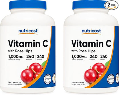 Nutricost Vitamin C with Rose HIPS 1025mg, 240 Capsules (2 Bottles) - Premium Non-GMO, Gluten Free Vitamin C Supplement