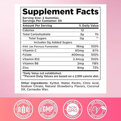 Iron Gummies for Women & Men - Iron Supplement with Vitamin B6, B12, C, Zinc, Folate for Adults & Kids - Support Iron Deficiency, Anemia, Energy Boost, Blood Builder - Sugar Free Vegan 60ct Strawberry