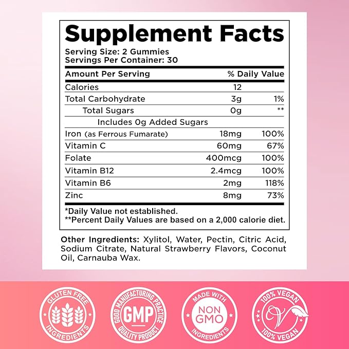 Iron Gummies for Women & Men - Iron Supplement with Vitamin B6, B12, C, Zinc, Folate for Adults & Kids - Support Iron Deficiency, Anemia, Energy Boost, Blood Builder - Sugar Free Vegan 60ct Strawberry