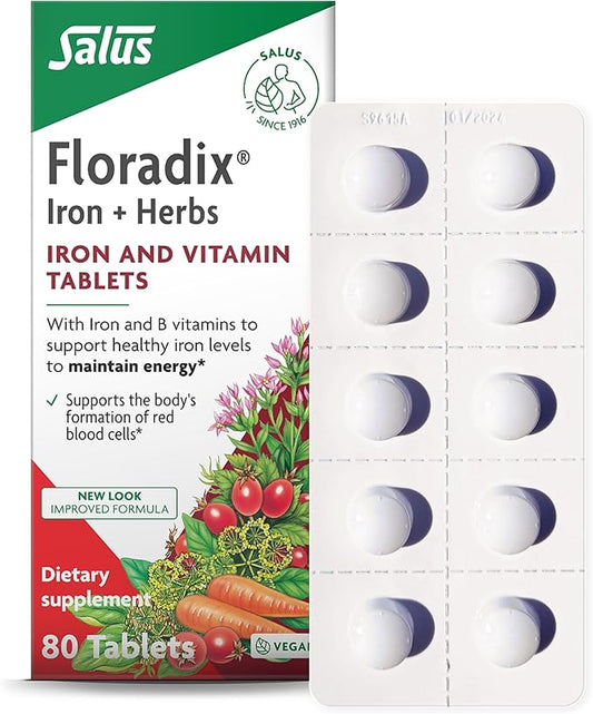 Floradix by Salus Iron Tablets - Energy Support Supplement for Men & Women - Natural Iron Supplement with B Vitamins & Vitamin C - Non-GMO, Vegetarian & Lactose-Free - 80 Tablets