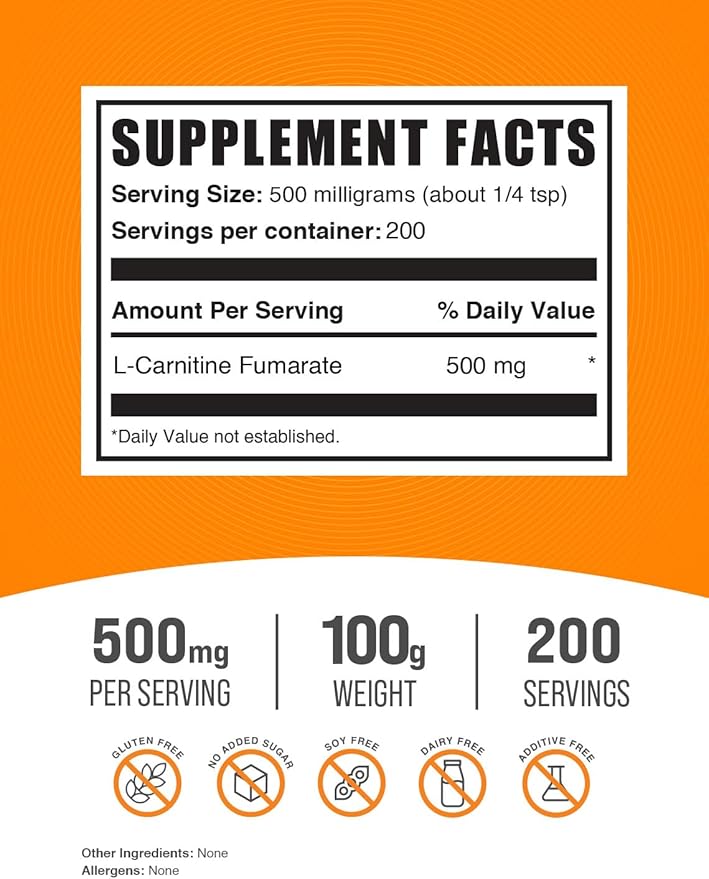 BulkSupplements.com L-Carnitine Fumarate Powder - Carnitine Supplement, Carnitine Powder, L-Carnitine 500mg - Gluten Free, 500mg per Serving, Gluten Free, 100g (3.5 oz) (Pack of 1)