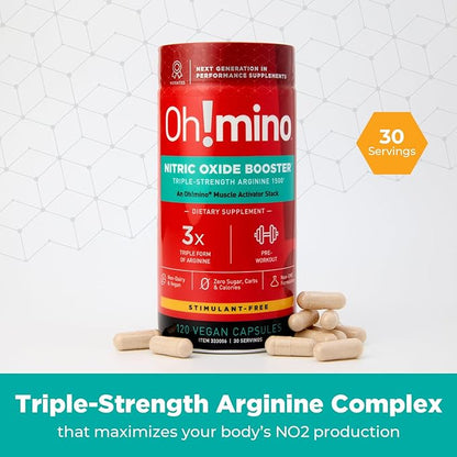 Oh!mino Nitric Oxide Supplement Activator Booster, Triple Strength L-Arginine for Energy, Endurance, Muscle Growth Builder, Pre Post Workout Pills - Natural Beet Root Powder, 30 Servings 120 Capsules
