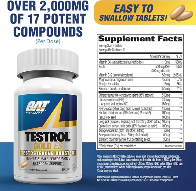 GAT SPORT Testrol Gold ES, Tribulus, DIM, Zinc, Longjack, Fenugreek, Saw Palmetto, Estrogen Balance, 60 Tablets