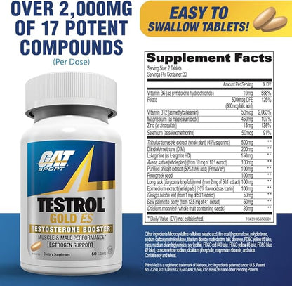 GAT SPORT Testrol Gold ES, Tribulus, DIM, Zinc, Longjack, Fenugreek, Saw Palmetto, Estrogen Balance, 60 Tablets