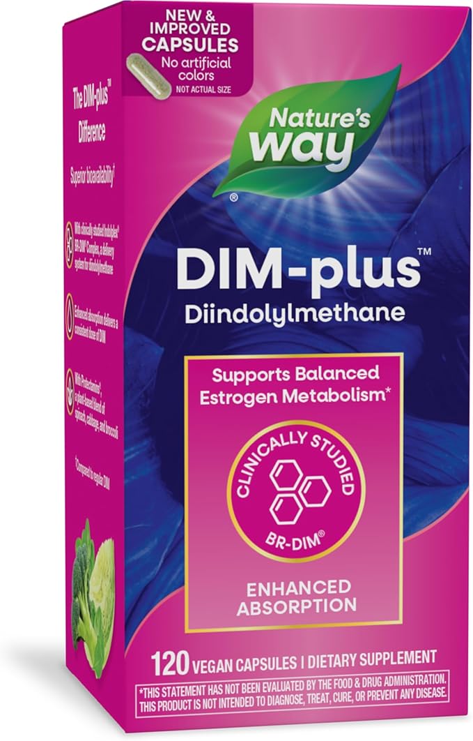 Nature's Way DIM-Plus, DIM Supplement, Supports Balanced Estrogen Metabolism*, Supports Estrogen Hormone Balance*, Diindolylmethane, 120 Vegan Capsules (Packaging May Vary)