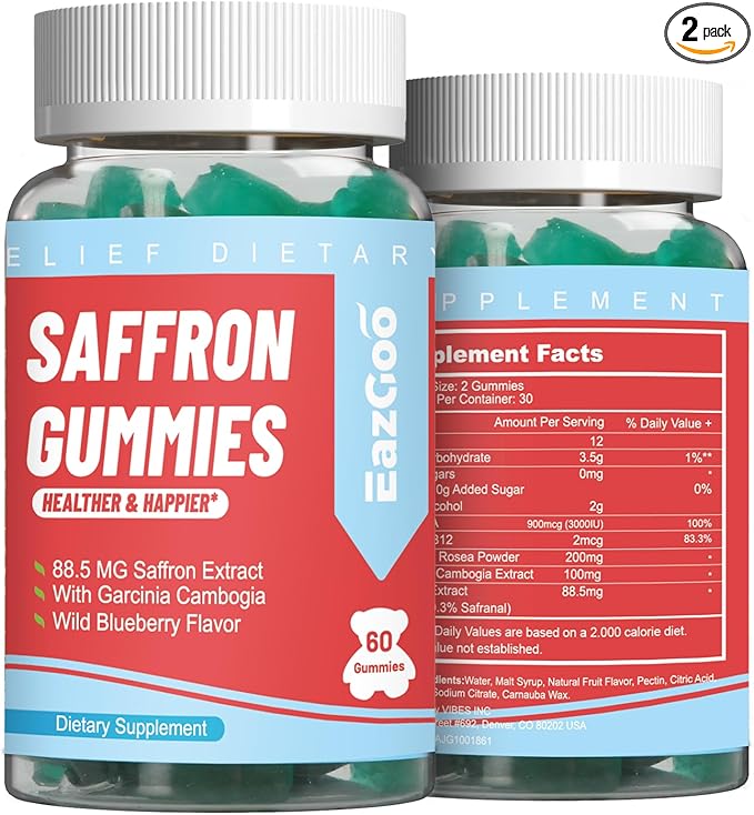 Saffron Supplements Gummies, Saffron Extract for Positive Mood & Calm Nerve, Boost Energy, with Garcinia Cambogia, Vitamin A, B12, Rhodiola Rosea - 120 Gummies