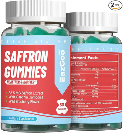 Saffron Supplements Gummies, Saffron Extract for Positive Mood & Calm Nerve, Boost Energy, with Garcinia Cambogia, Vitamin A, B12, Rhodiola Rosea - 120 Gummies