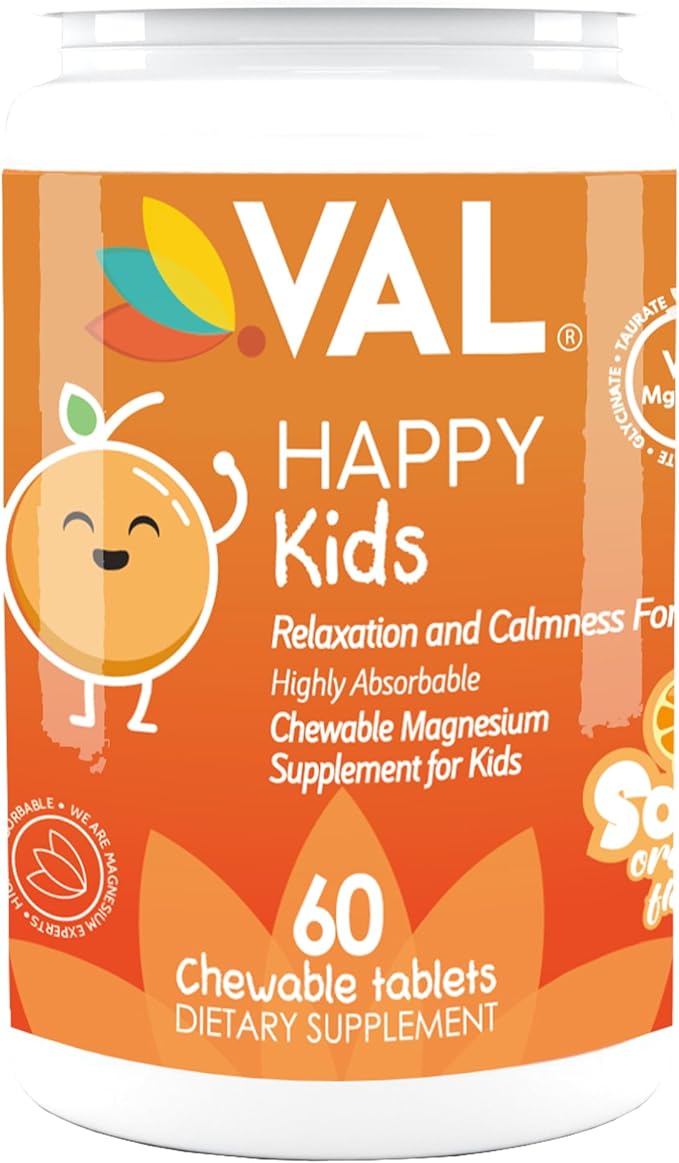 VAL Chewable Magnesium for Kids, Relaxation and Calm Formula, Glycinate, Citrate, Taurate, Vitamin B6, D, C, Natural Orange Flavor, Sugar Free, Gluten Free, Non-GMO, 60 Chewable Tablets