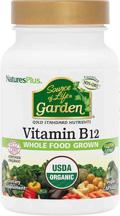 Natures Plus Source of Life Garden Certified Organic Vitamin B12-1000 mcg methylcobalamin, 60 Vegan Capsules - Whole Food Vitamin B12 Supplement - Energy Boost - Vegetarian, Gluten-Free - 30 Servings
