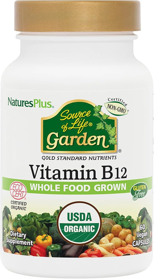 Natures Plus Source of Life Garden Certified Organic Vitamin B12-1000 mcg methylcobalamin, 60 Vegan Capsules - Whole Food Vitamin B12 Supplement - Energy Boost - Vegetarian, Gluten-Free - 30 Servings